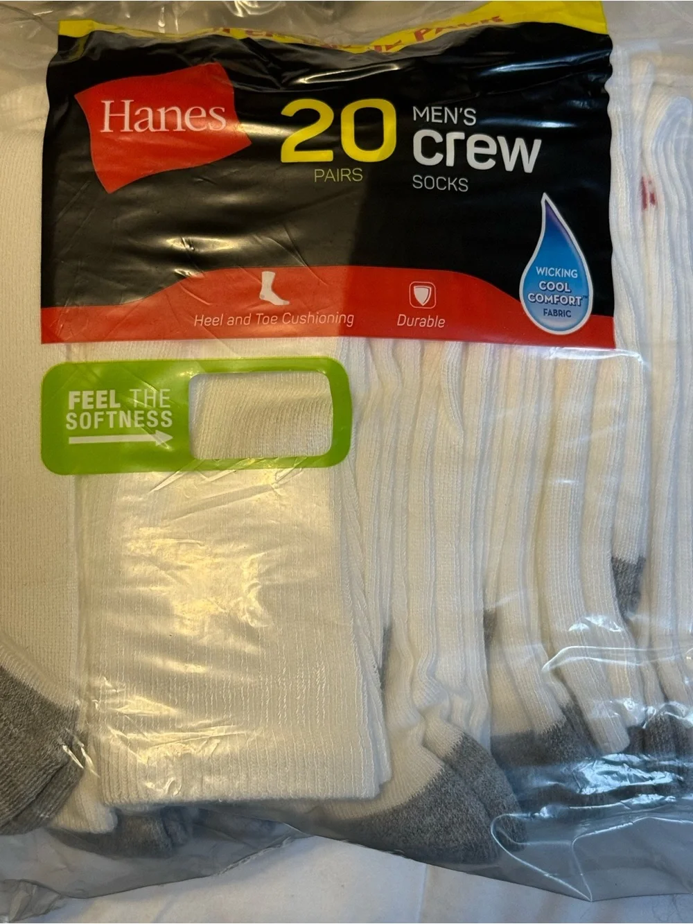 Hanes Men's White Crew Socks with Gray Accents - 20 Pack
